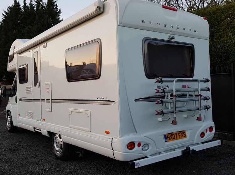 now sold thanks!!!!!!!!!BESSACARR E495 6 BERTH 6 SEATBELTS u shape lounge new timing belt 11k miles extras safari room/solar pannel/towbar/camera 2007