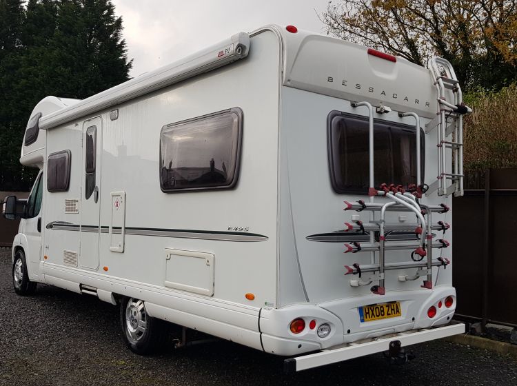 now sold thanks!!!!!!!BESSACARR E495 mototohome 6 BERTH 6 SEATBELT u shape lounge 2008 	px welcome extras solar panel/towbar/bike rack